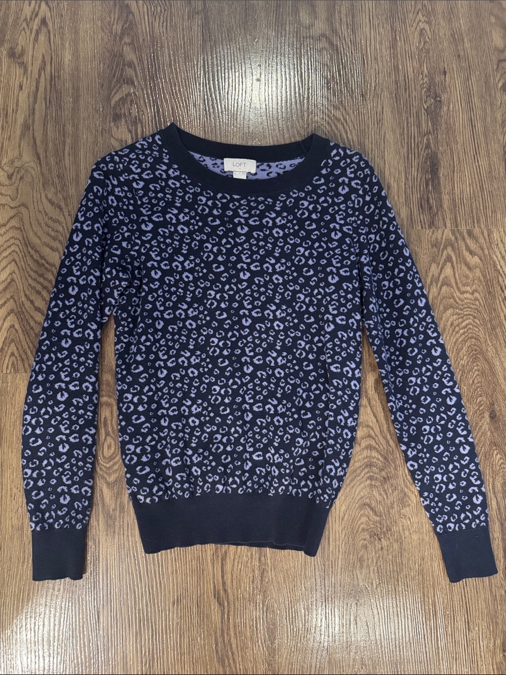 LOFT Navy with Lavender Leopard-Print Crewneck Sweater